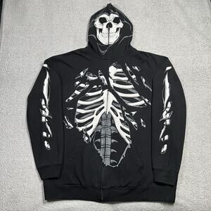Vintage Skeleton Hoodie Mens XL Full Zip Y2K Skater Grunge Sweatshirt Emo